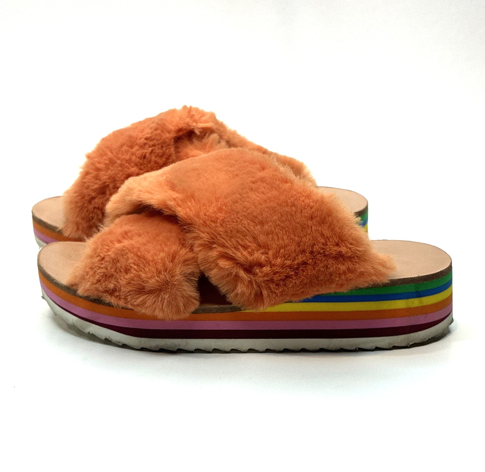 Maison Mangostan Peach Fluor Rainbow Platform Faux Fur Sandals Girls EU 28 US 11